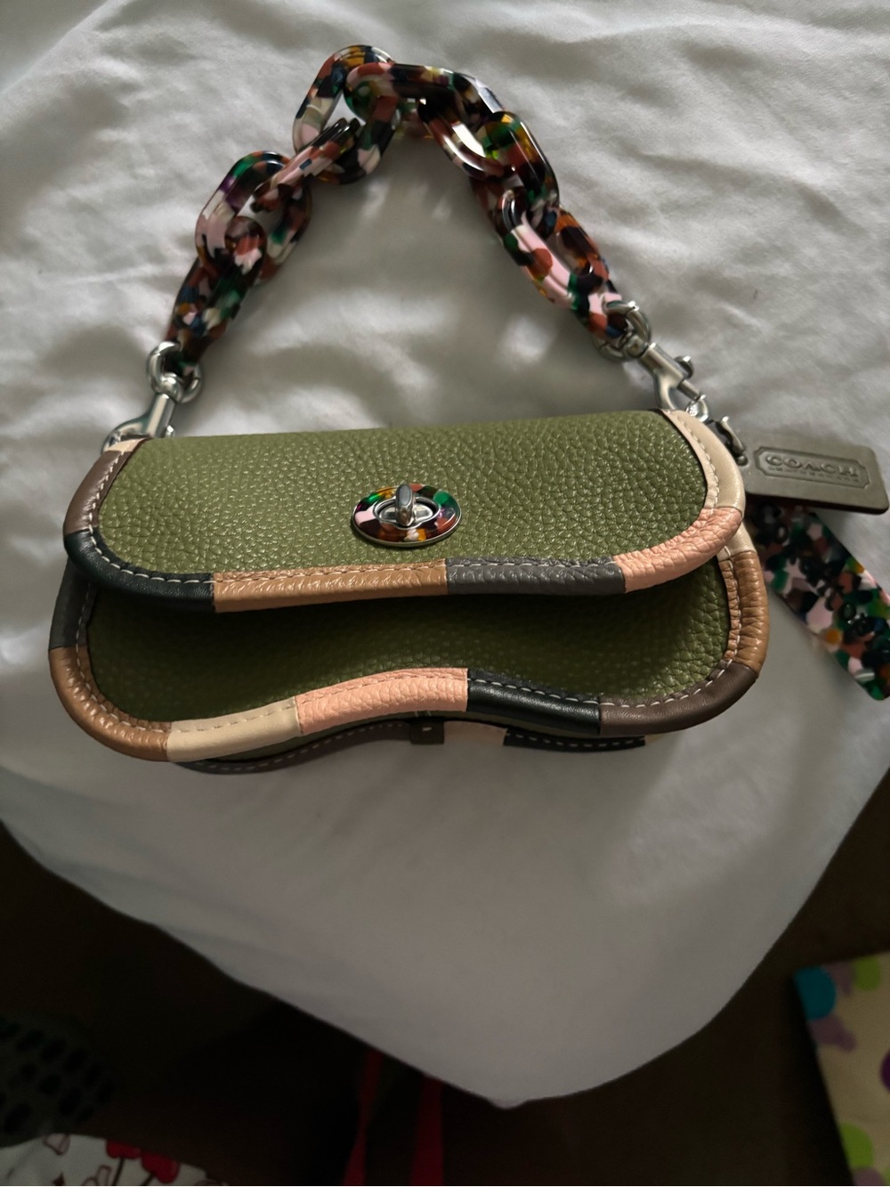 Coach Olive Green Pebbled Leather Shoulder Bag with Multicolor Acrylic Chain